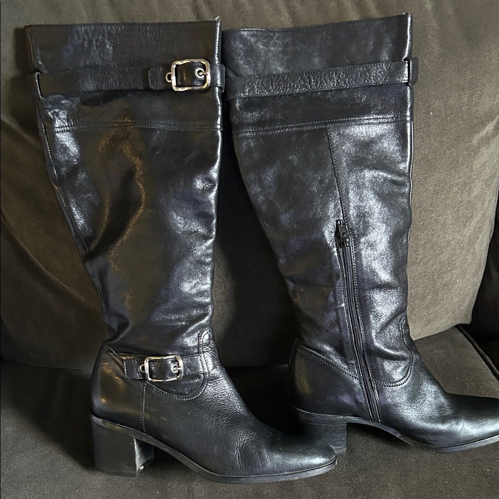 Coach Black Leather Knee-High Heeled Boots with Buckle Details - Picture 10 of 10